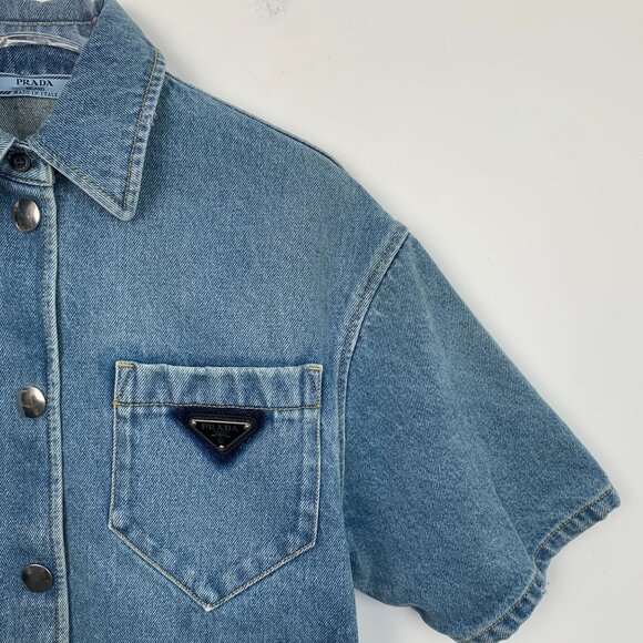 Prada Womens Short-Sleeve Denim Button-Up Shirt With Chest Pocket & Logo Patch - Picture 3 of 8